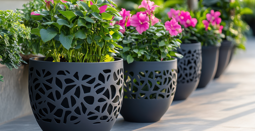 A row of elegant dark laser-cut planters filled with vibrant pink flowering plants on a patio