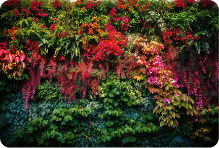 A lush floral living wall bursting with red, pink, burgundy, and green plants in full bloom