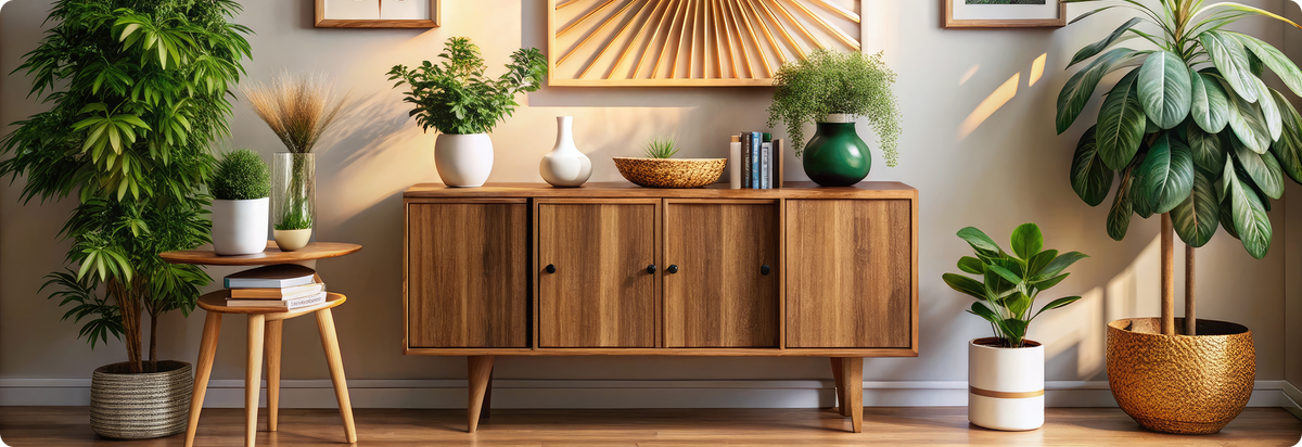 A mid-century modern living room with a walnut sideboard styled with plants, white ceramic vases, and a golden planter holding a large tropical plant