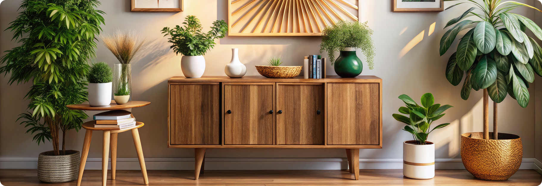 A mid-century modern living room with a walnut sideboard styled with plants, white ceramic vases, and a golden planter holding a large tropical plant