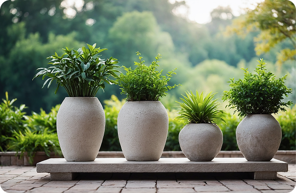Four stone vase planters of varying sizes holding compact green plants on a concrete plinth in a lush garden setting