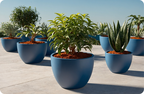 A rooftop terrace styled with multiple bold blue round planters holding a variety of green plants under a clear sky