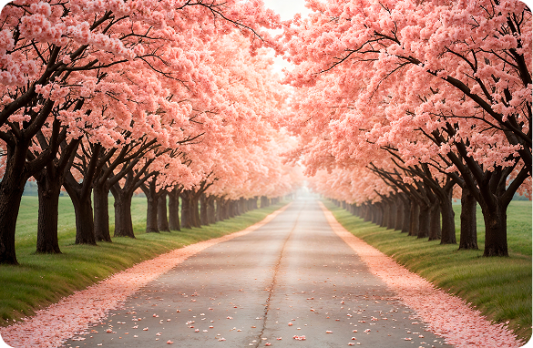 A serene cherry blossom-lined garden path in full spring bloom