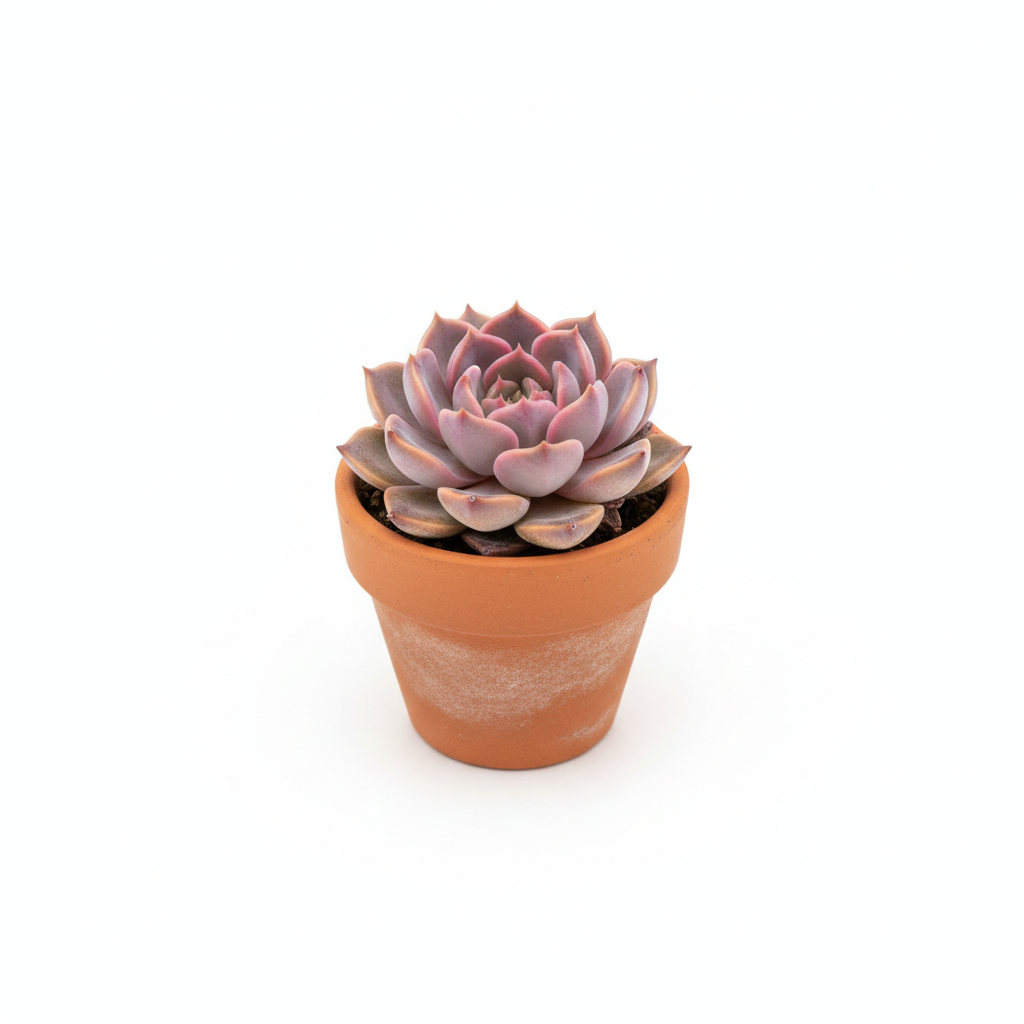 Echeveria succulent with perfect geometric rosette of plump dusty pink and purple-tipped leaves in a small round terracotta pot on white background