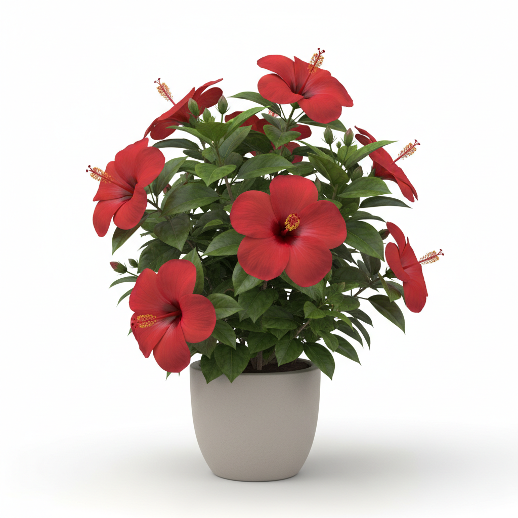Red hibiscus plant with large tropical flowers