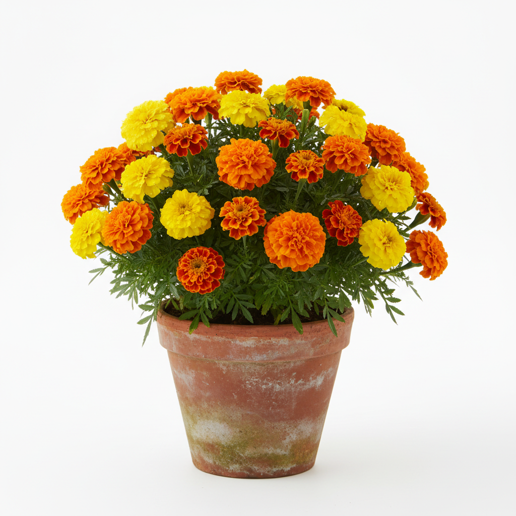 Marigold plant with bright orange and yellow blooms