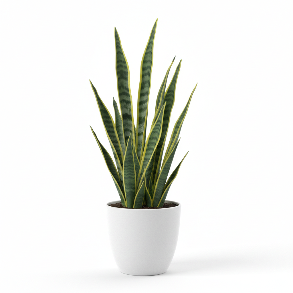 Snake plant with tall upright variegated green and yellow edged leaves in a white cylindrical ceramic pot on white background