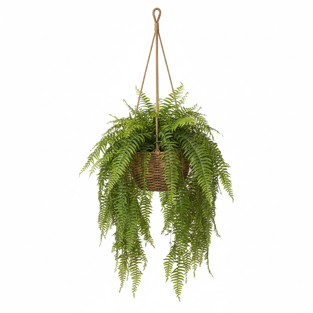 Boston fern with lush cascading feathery green fronds in a natural wicker hanging basket on white background