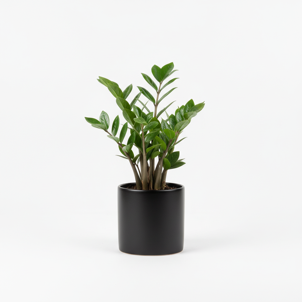 ZZ plant with glossy dark green waxy leaves in a matte black ceramic pot on white background