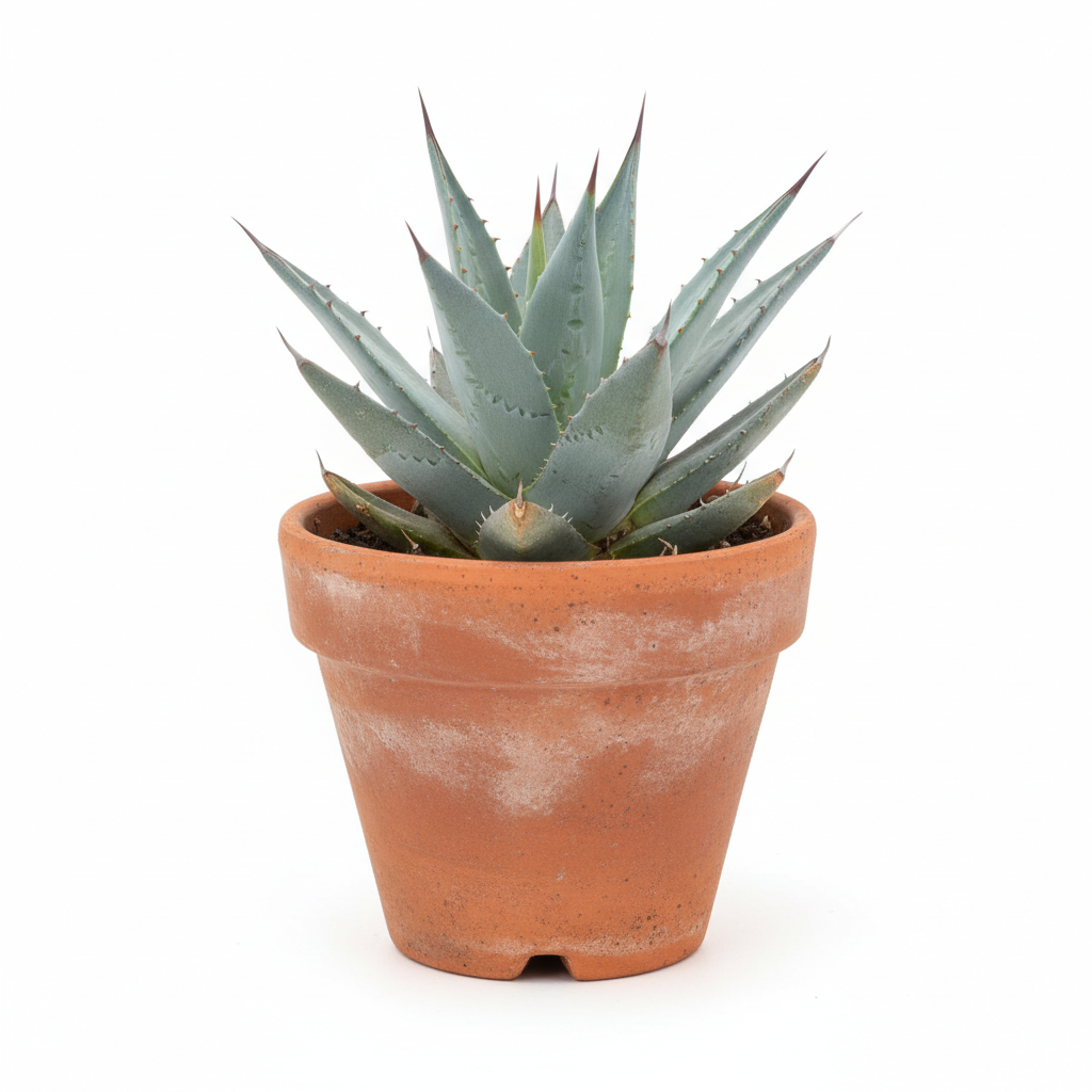 Blue Agave succulent with dramatic spiky blue-grey rosette leaves in a terracotta clay pot on white background
