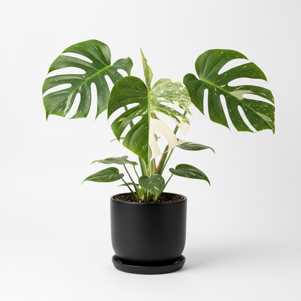 Monstera Thai Constellation variegated plant in black pot