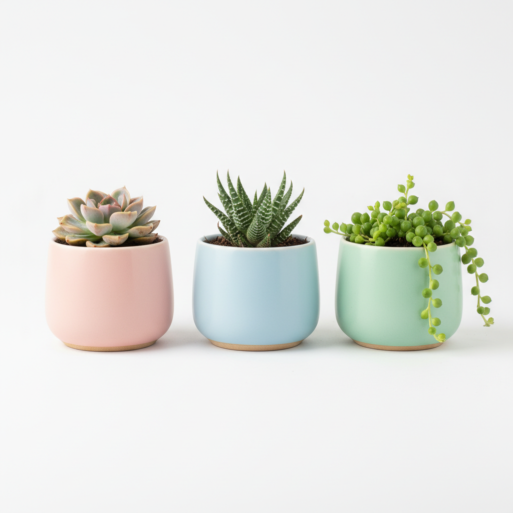 Set of three pastel ceramic succulent pots