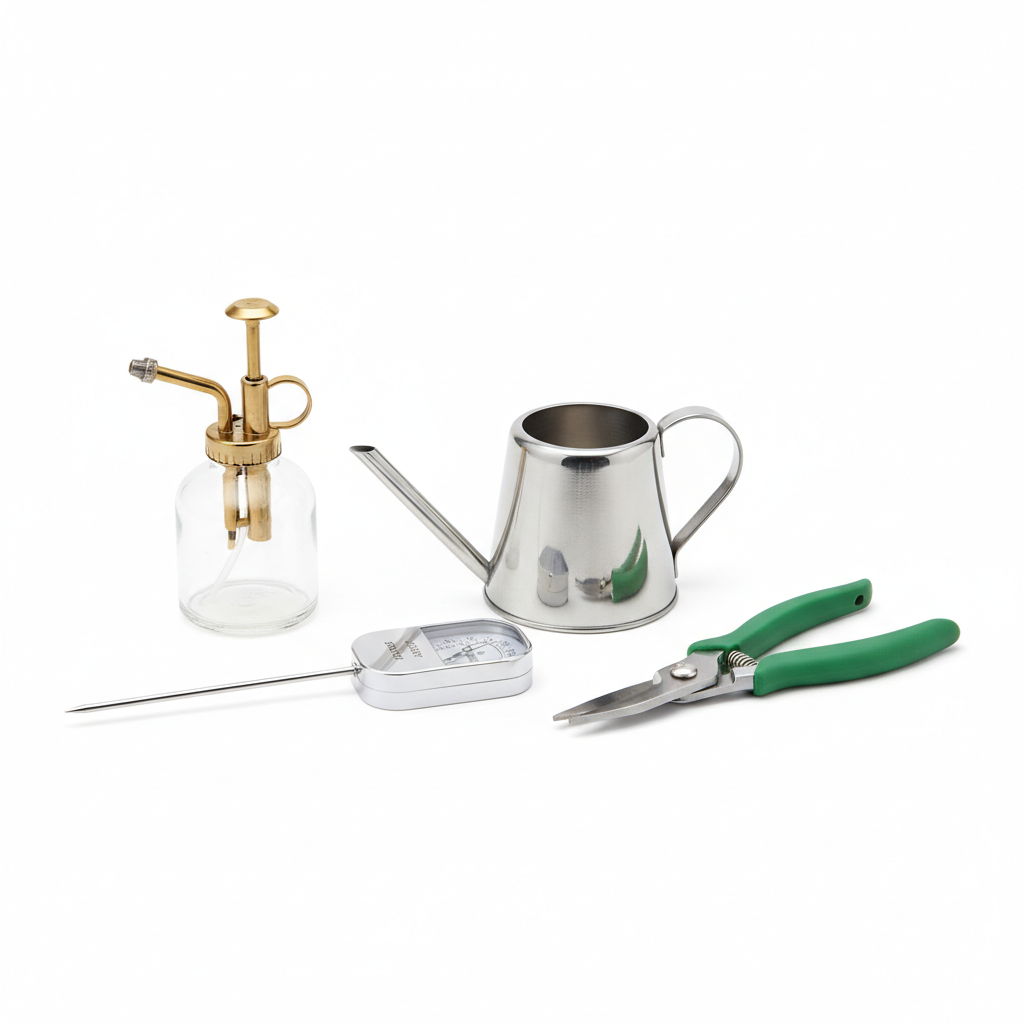 Plant care tools kit including watering can, spray mister, pruning shears and soil moisture meter on white background