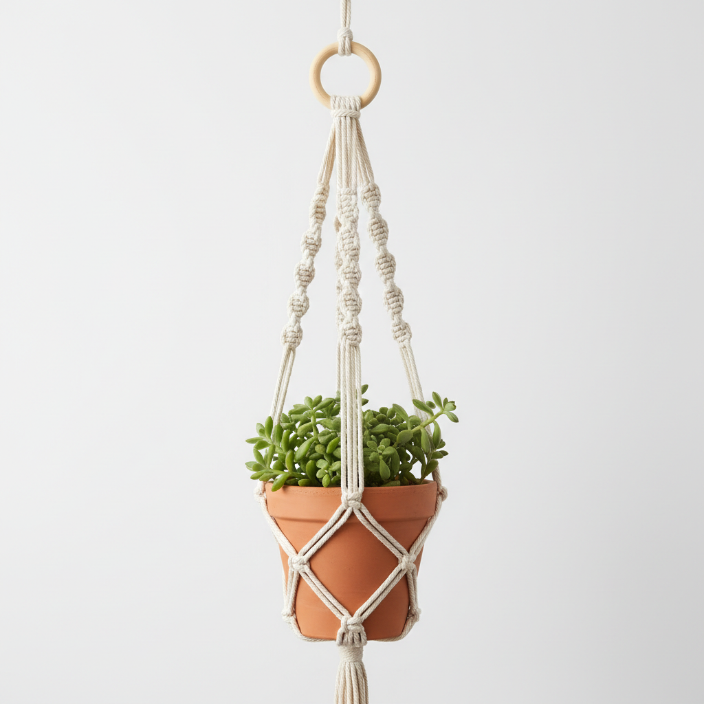 Macrame hanging planter basket in natural cotton rope