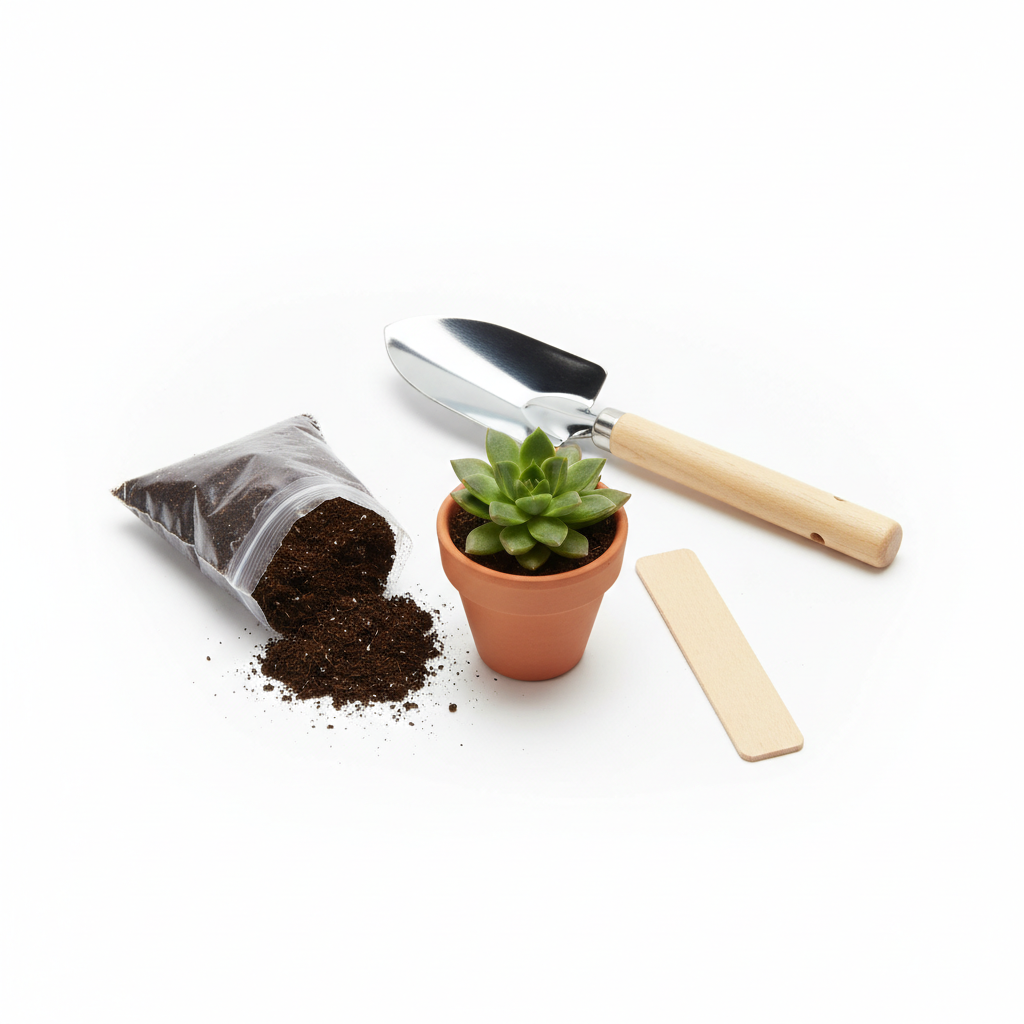 Beginner plant starter kit with succulent, terracotta pot, soil and hand trowel on white background