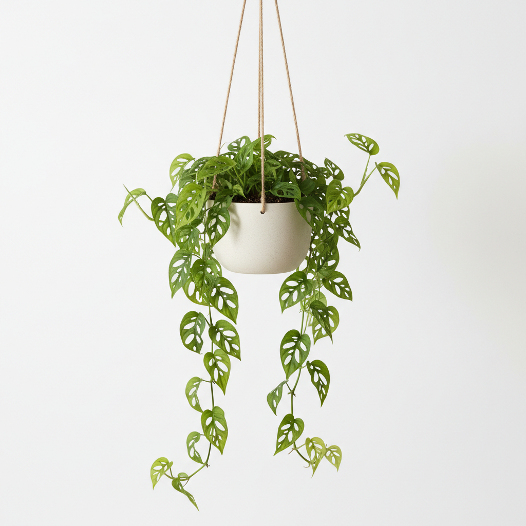 Monstera Adansonii trailing from hanging pot
