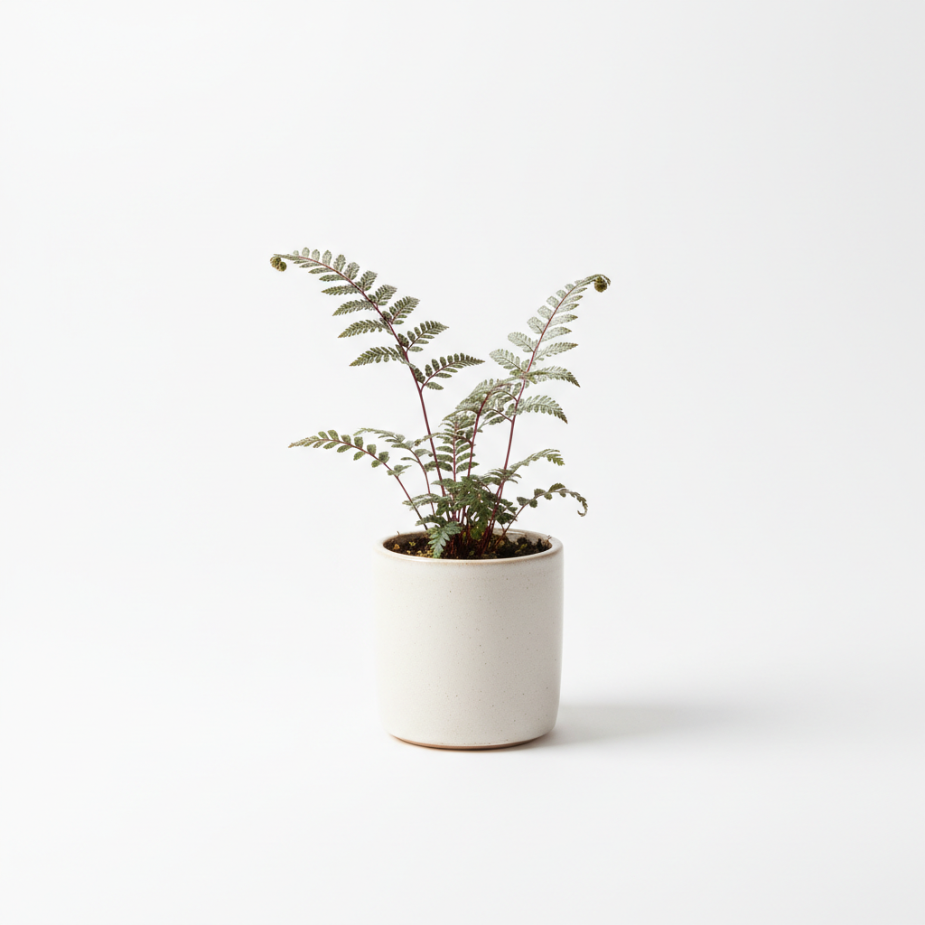 Japanese Painted Fern with silvery grey and deep green arching fronds with burgundy stems in a pot on white background
