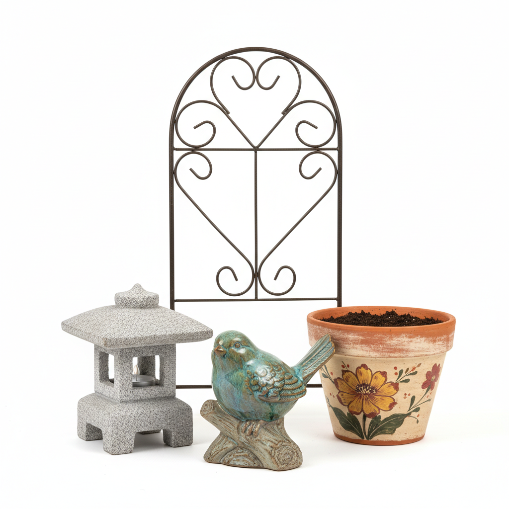 Garden décor accent set with ceramic bird figurine, stone lantern, wire trellis and hand-painted terracotta pot on white background