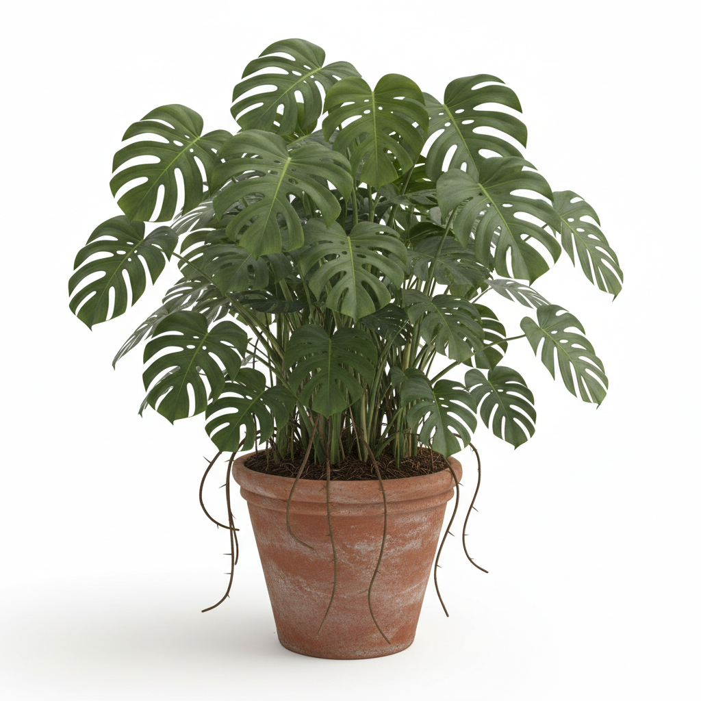 Outdoor Monstera Deliciosa in terracotta pot with aerial roots