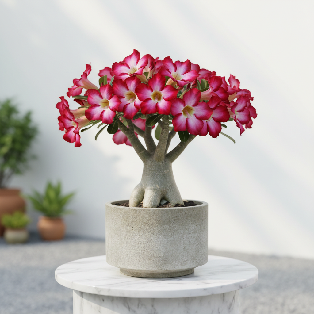 Adenium Desert Rose plant with vibrant pink flowers