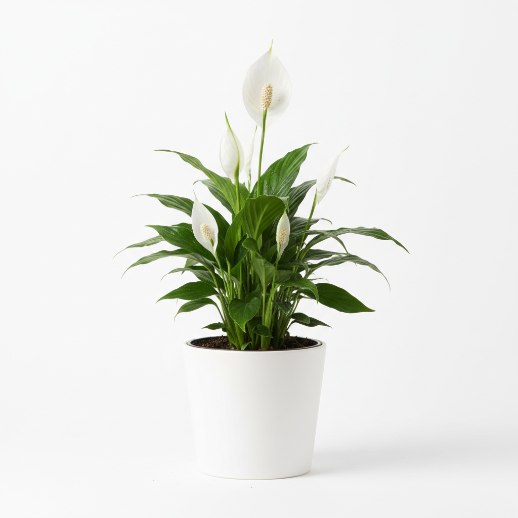 Peace lily with white spathe flowers and glossy green leaves in a matte white ceramic pot on white background