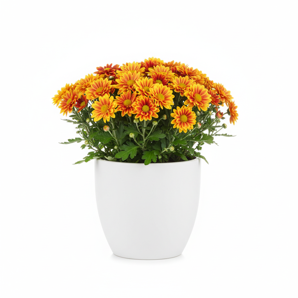 Autumn Chrysanthemum in white ceramic pot with orange and yellow blooms