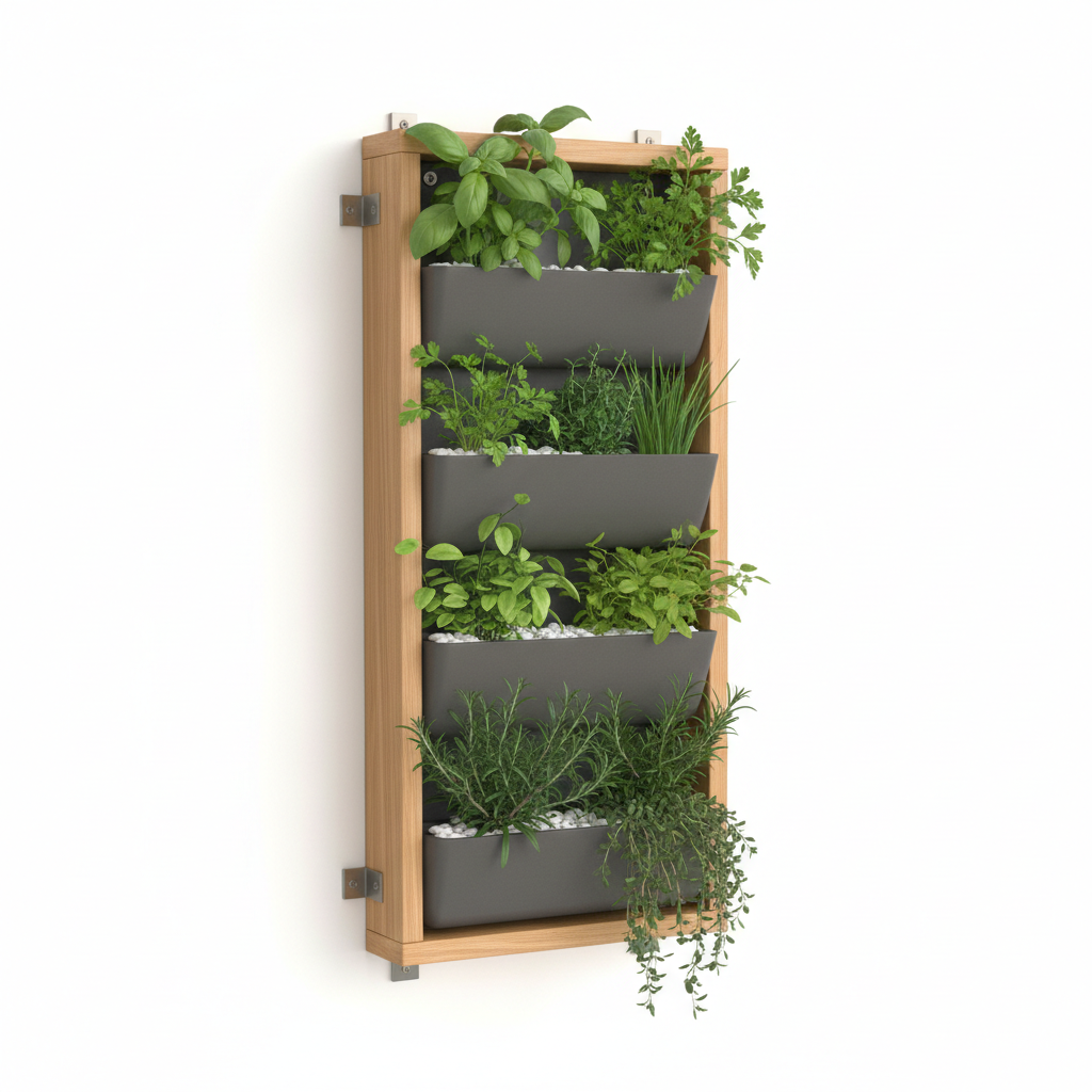 Wooden wall-mounted vertical garden kit with herb and trailing plant pockets on white background